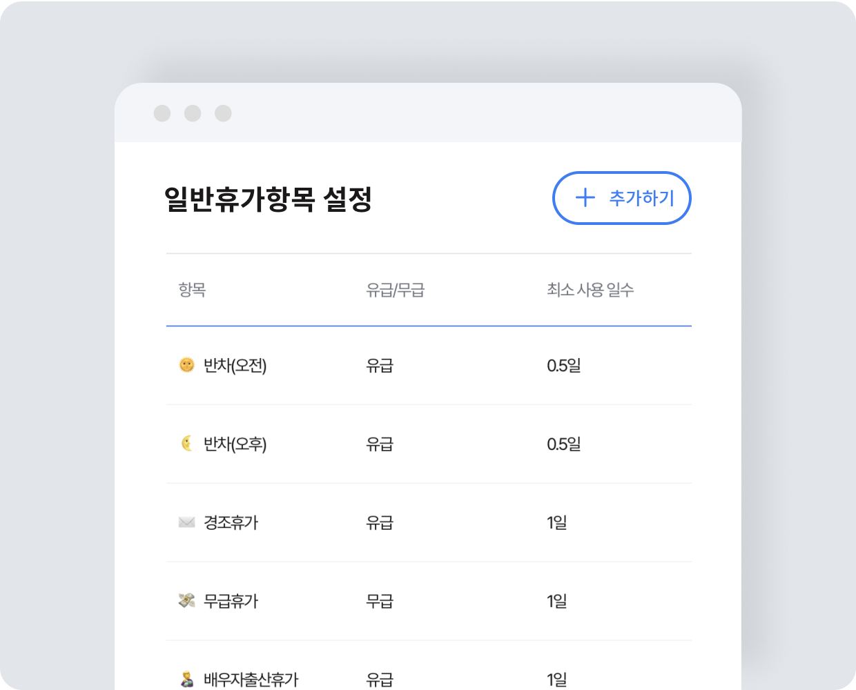 다양한 휴가 유형 설정 가능